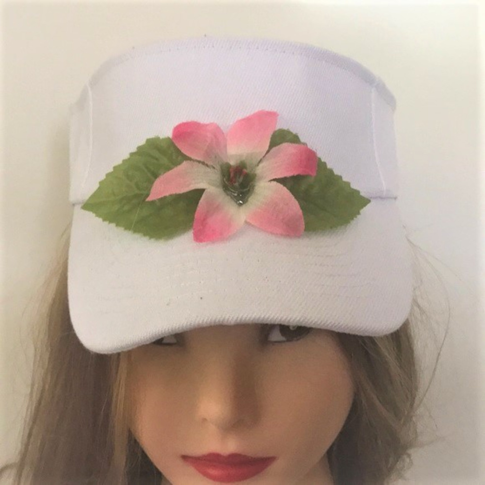 SALE 2/$27 3/$37 4/$45 WHITE SUMMER VISOR PINK SILK FLOWERS